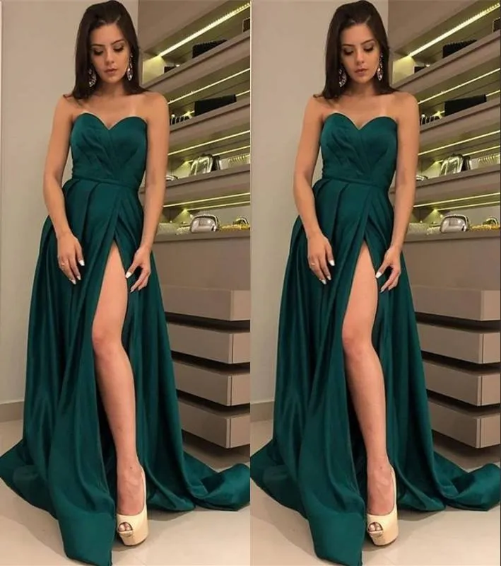 A-Line 2025 Satin Dark Green Prom Dress Side-Slit Sexy Evening Gown