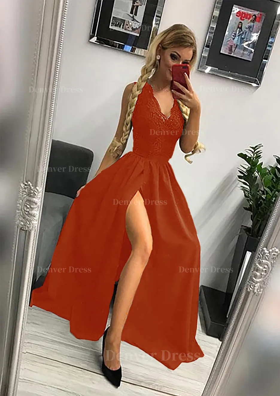 A-line/Princess Scalloped Neck Sleeveless Long/Floor-Length Elastic Satin Prom Dress With Lace Split