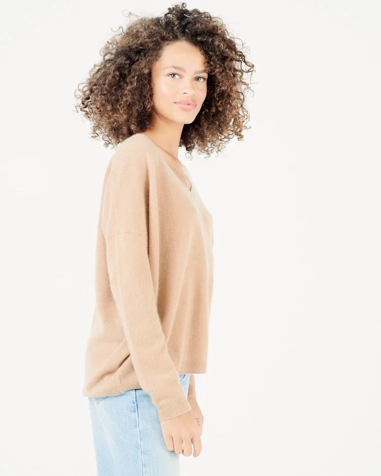 Angèle 100% Cashmere Oversized V-Neck Sweater - Camel