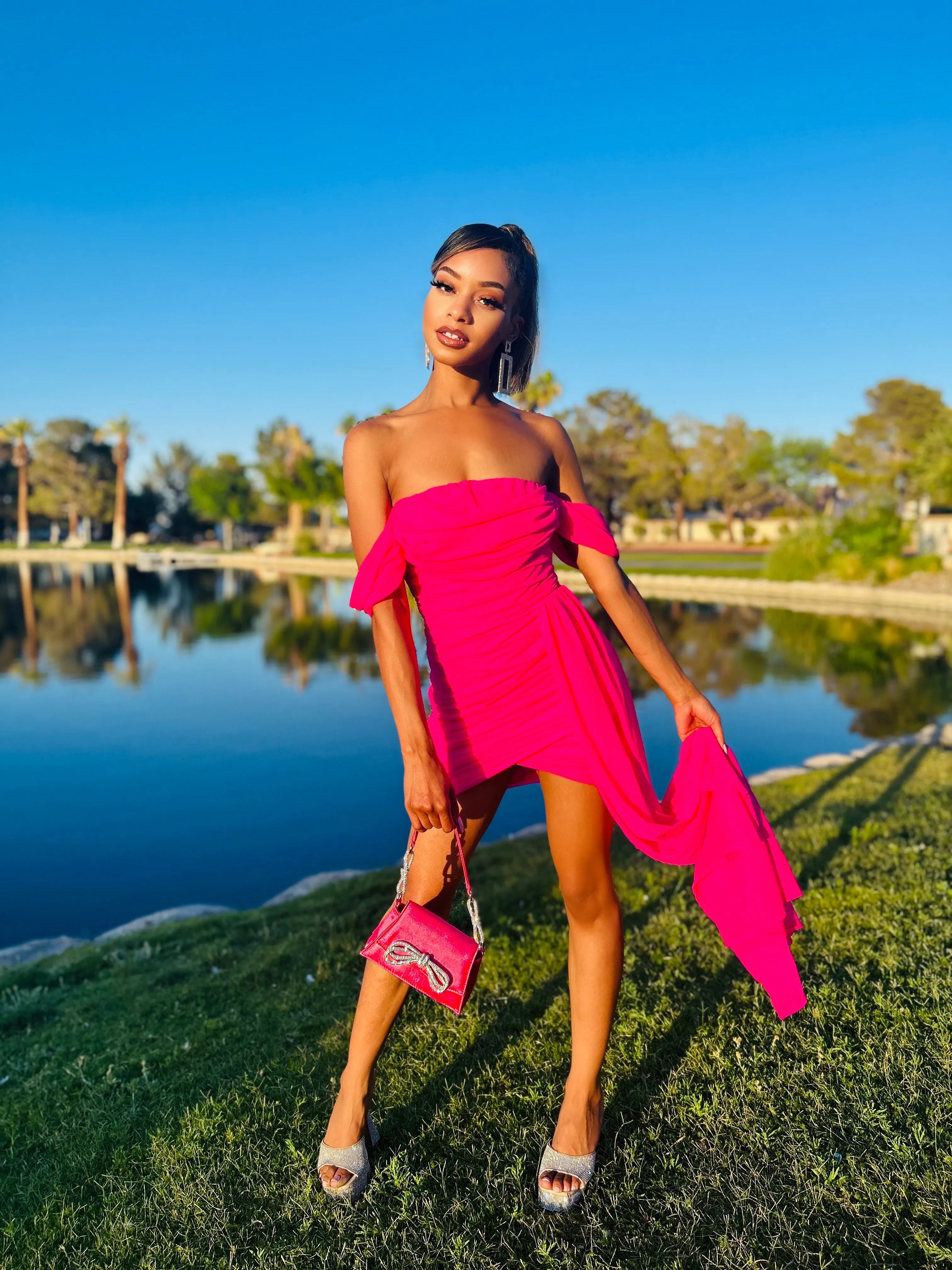 ATTENTION Off Shoulder Ruched Mesh Mini Dress