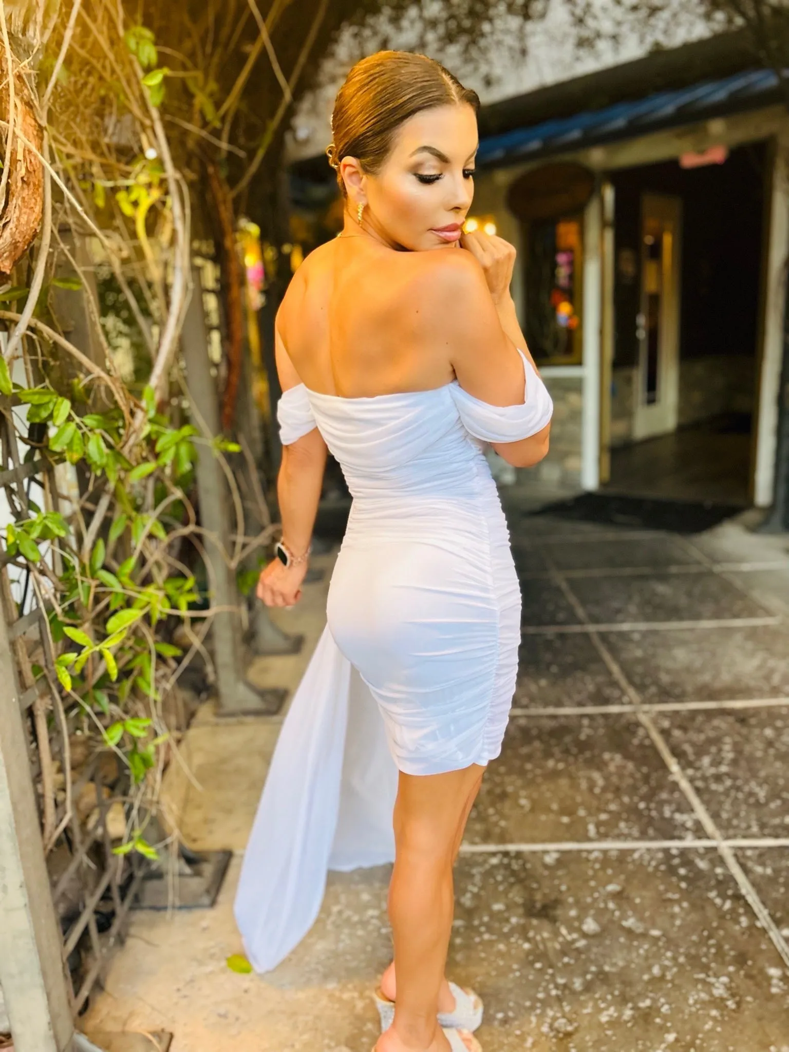 ATTENTION Off Shoulder Ruched Mesh Mini Dress