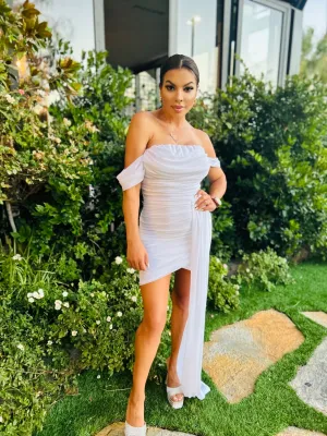 ATTENTION Off Shoulder Ruched Mesh Mini Dress