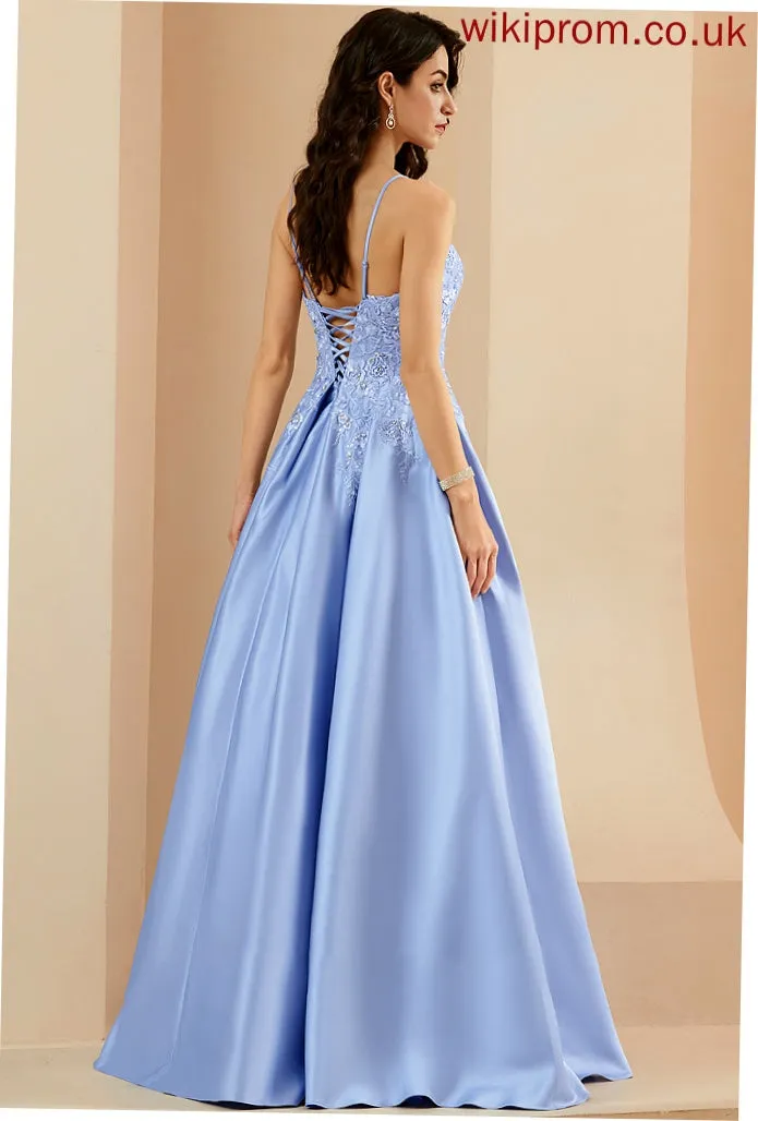 Beading Lizeth Satin With Ball-Gown/Princess Prom Dresses V-neck Sequins Floor-Length