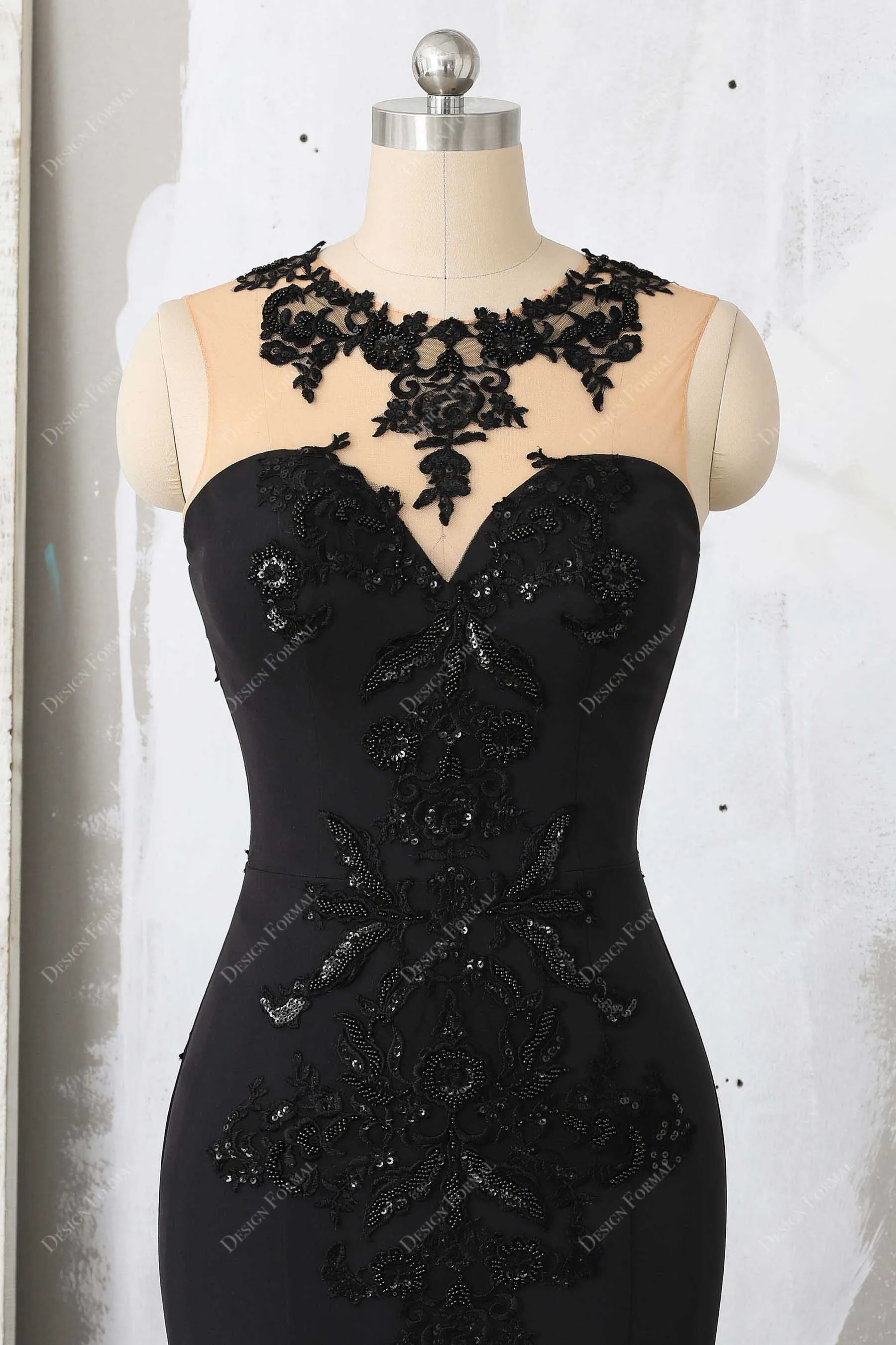 Black Lace Satin Illusion Neck Dramatic Trumpet Ruffled Prom Dress