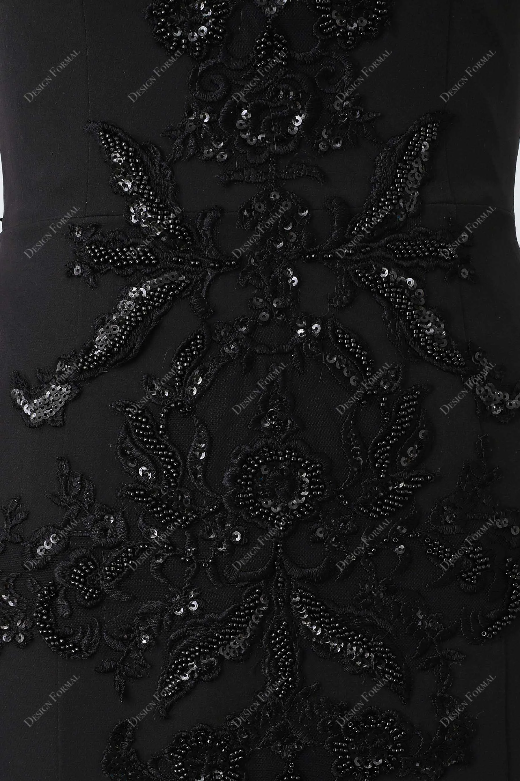 Black Lace Satin Illusion Neck Dramatic Trumpet Ruffled Prom Dress