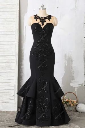 Black Lace Satin Illusion Neck Dramatic Trumpet Ruffled Prom Dress
