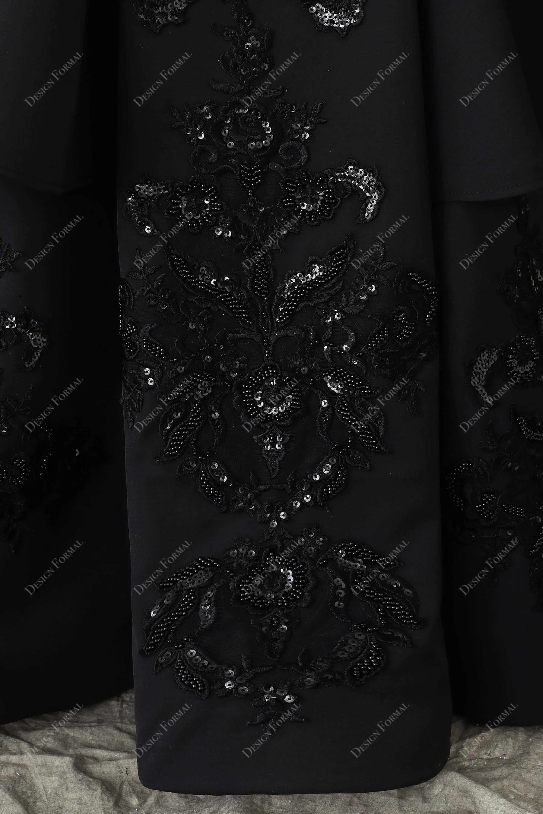 Black Lace Satin Illusion Neck Dramatic Trumpet Ruffled Prom Dress