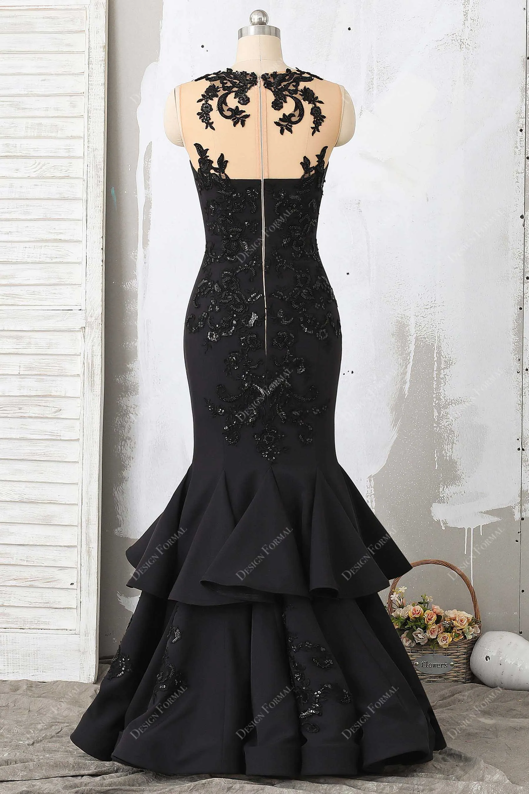Black Lace Satin Illusion Neck Dramatic Trumpet Ruffled Prom Dress
