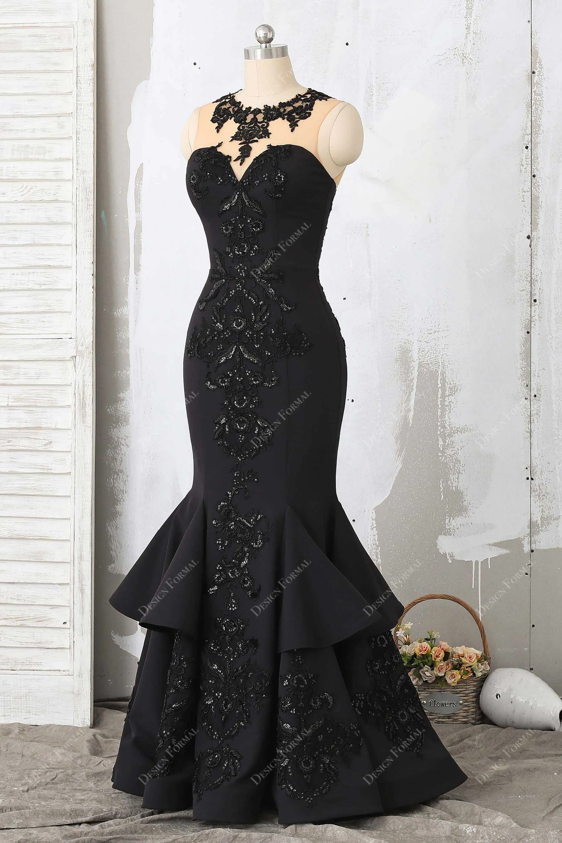 Black Lace Satin Illusion Neck Dramatic Trumpet Ruffled Prom Dress