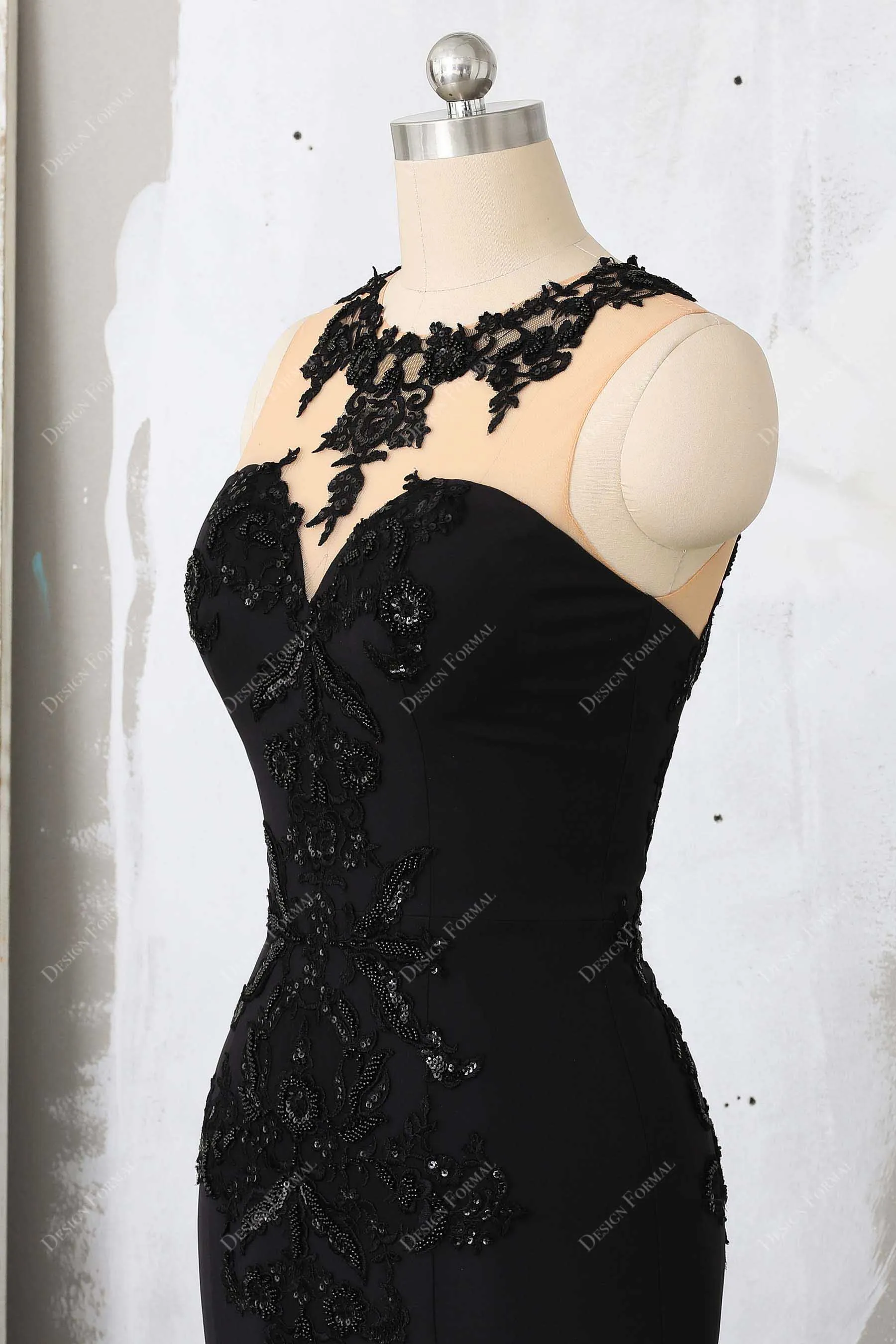 Black Lace Satin Illusion Neck Dramatic Trumpet Ruffled Prom Dress