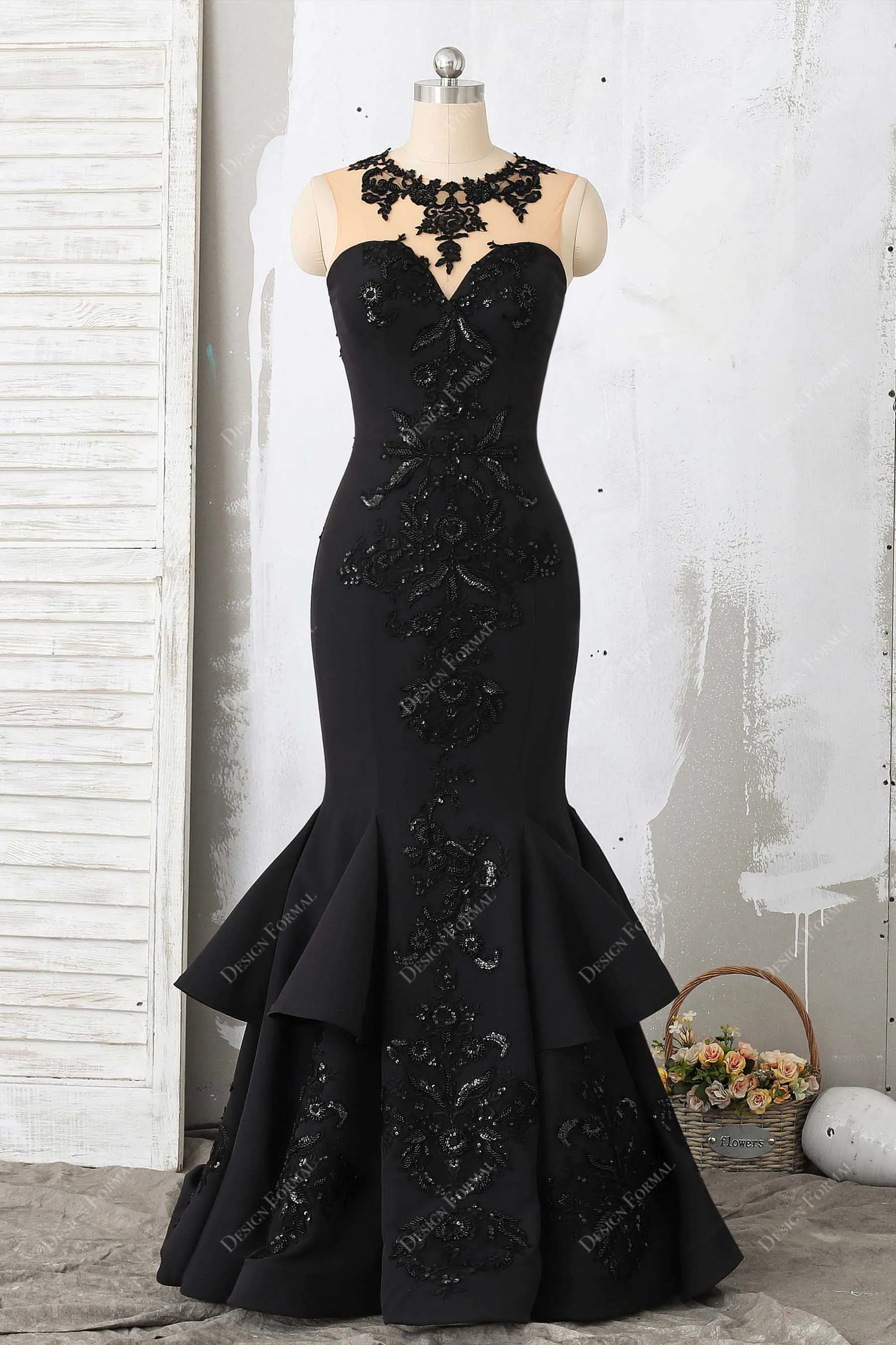 Black Lace Satin Illusion Neck Dramatic Trumpet Ruffled Prom Dress