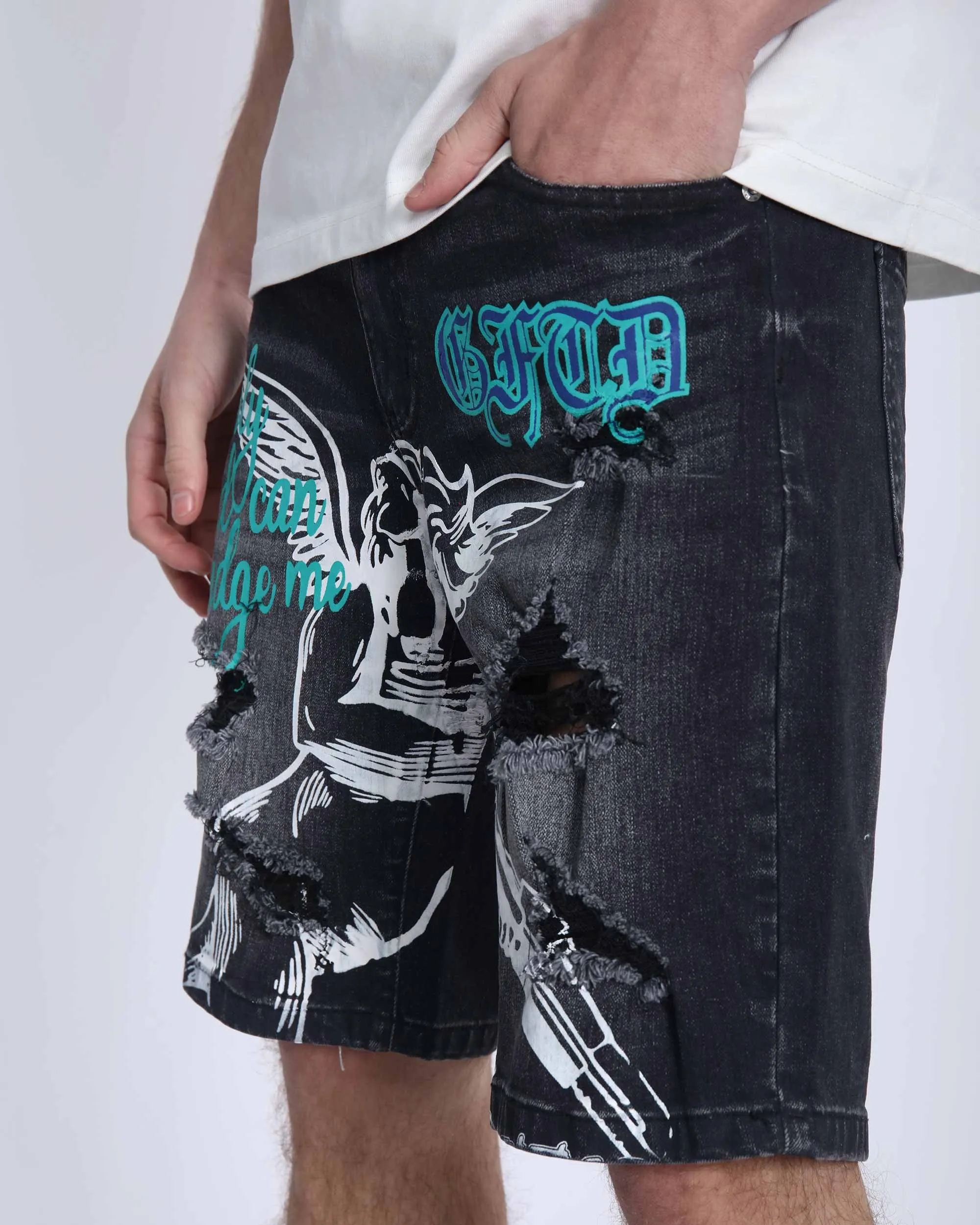 Black Ripped Denim Shorts: Street Art Vibes-Mexico Local Delivery