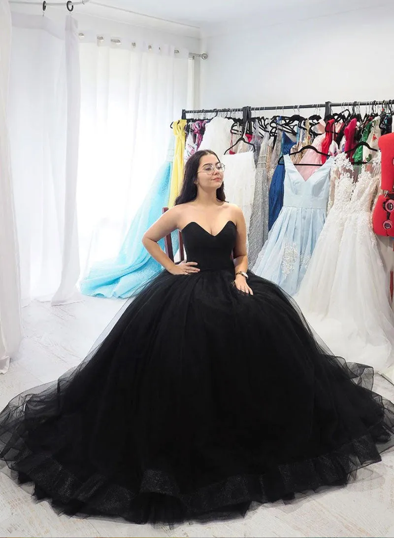 Black Strapless Tulle Floor Length Prom Dress, Black A-Line Evening Party Dress