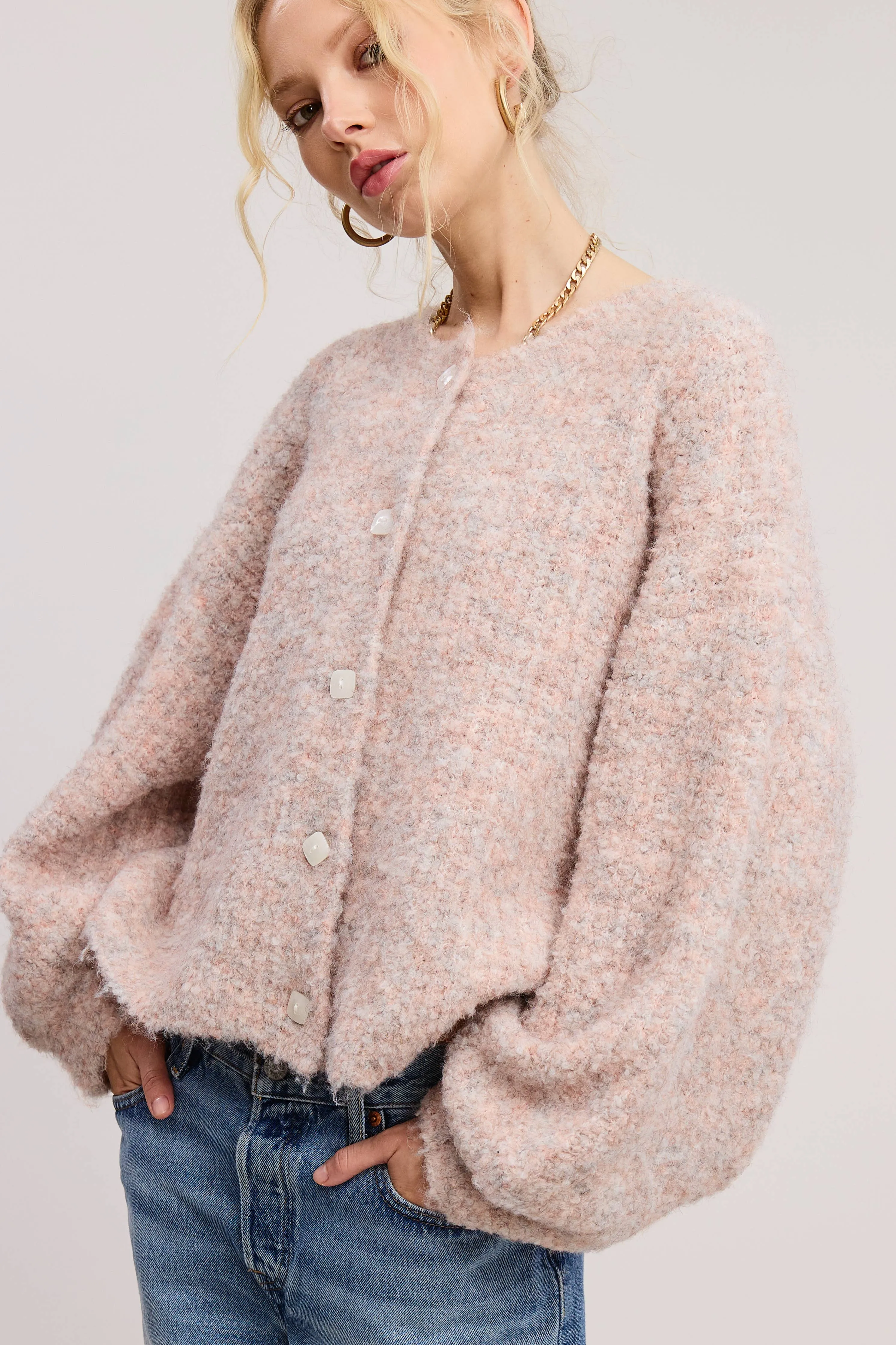 Blush Fuzzy Confetti Balloon Sleeve Sweater