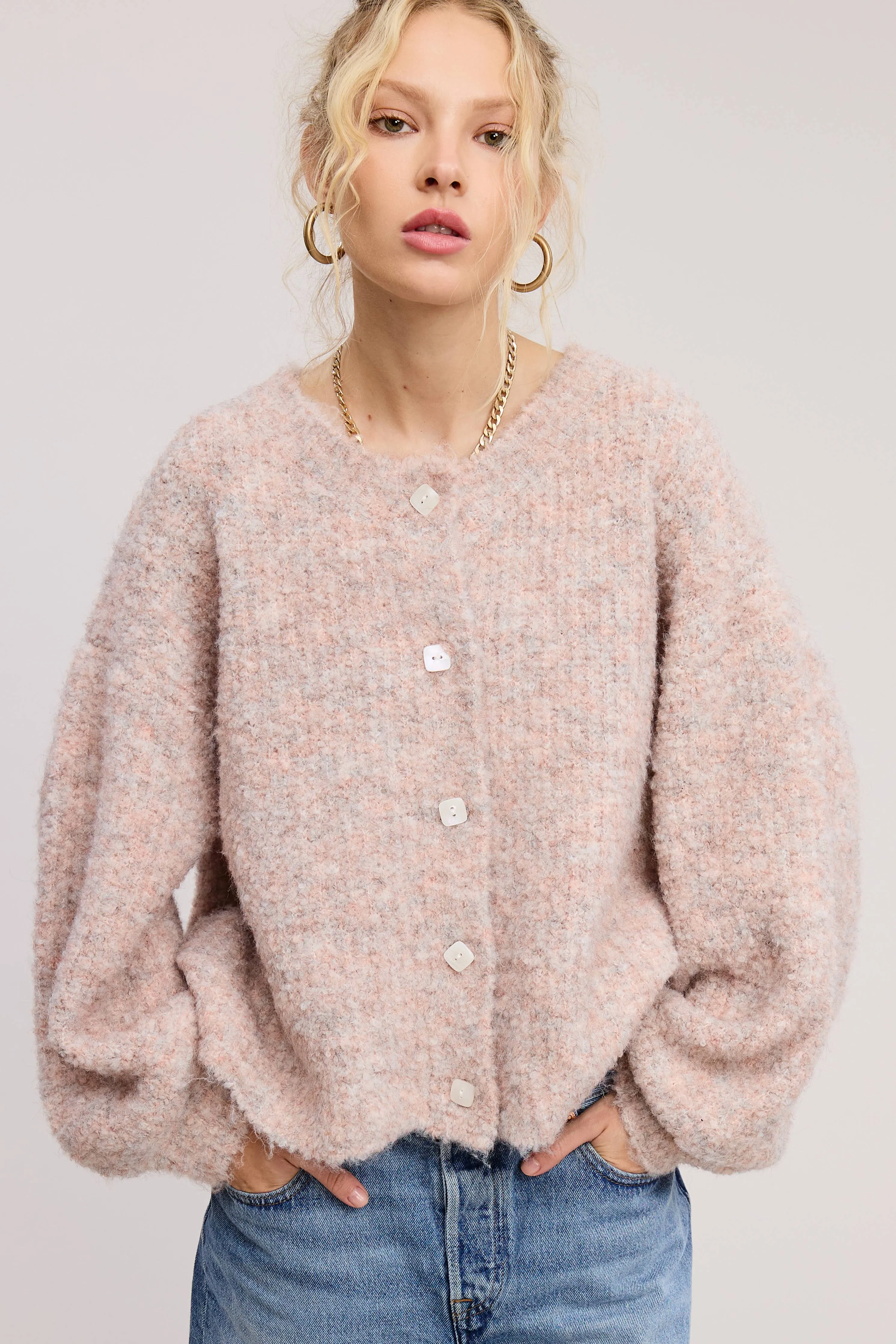 Blush Fuzzy Confetti Balloon Sleeve Sweater