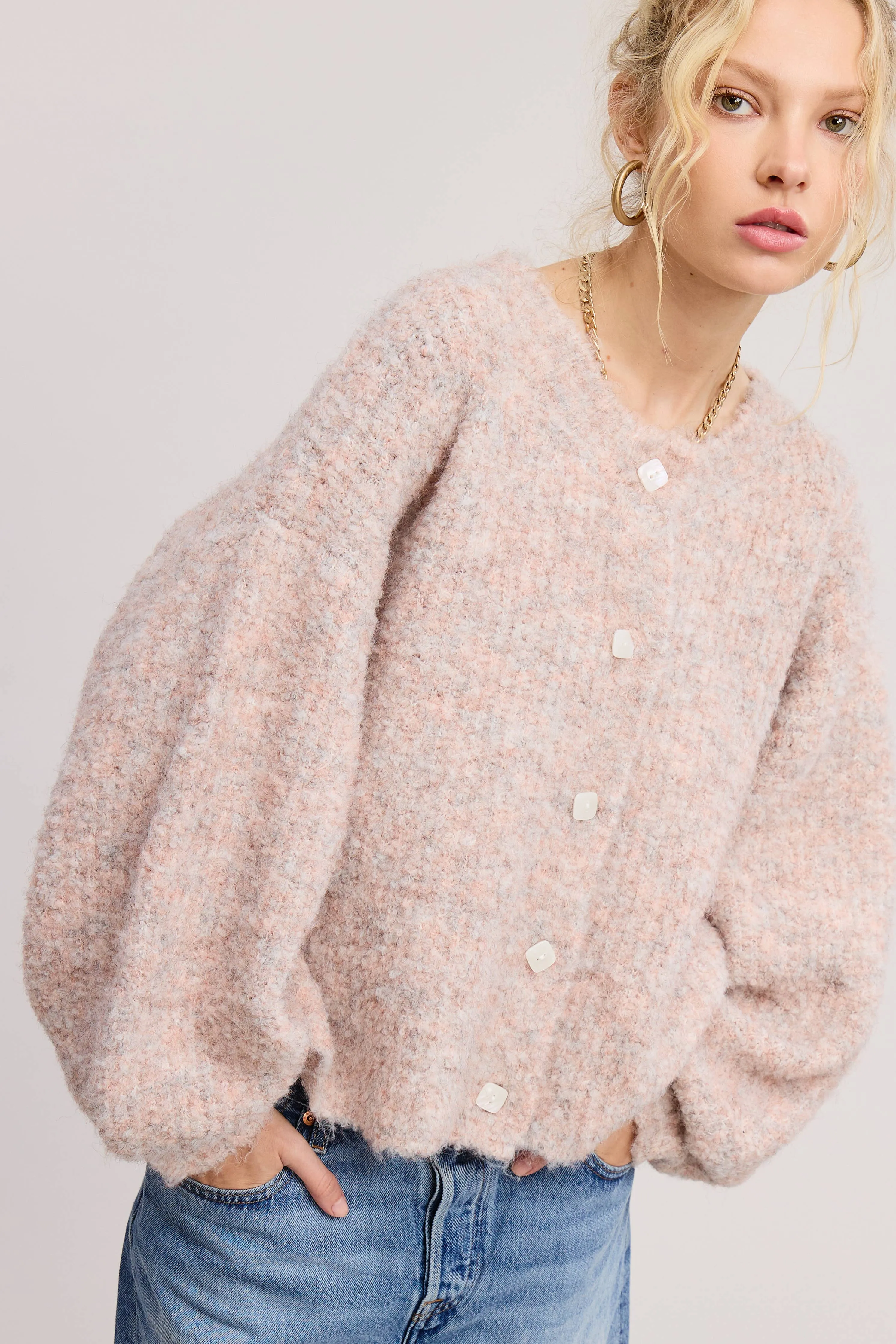 Blush Fuzzy Confetti Balloon Sleeve Sweater