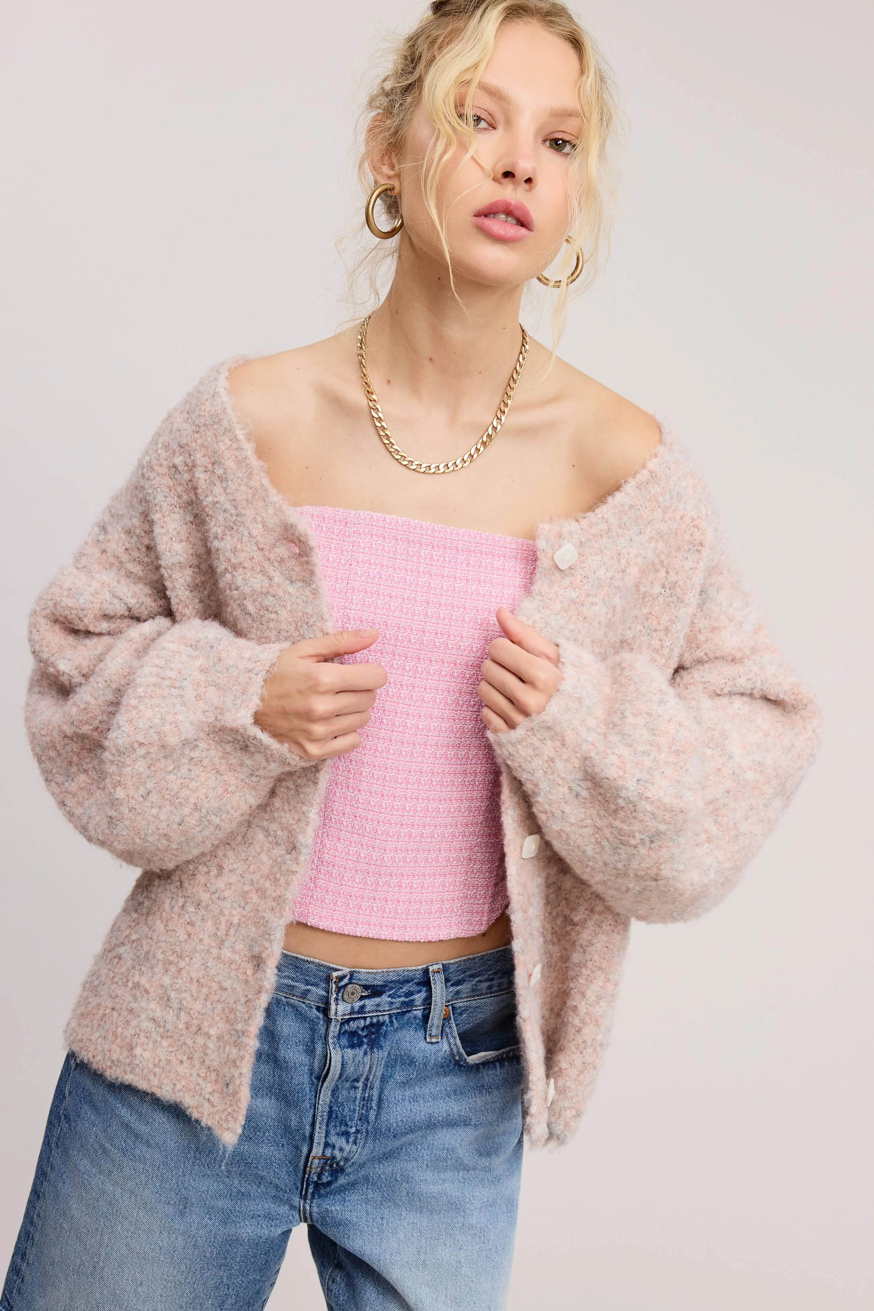 Blush Fuzzy Confetti Balloon Sleeve Sweater
