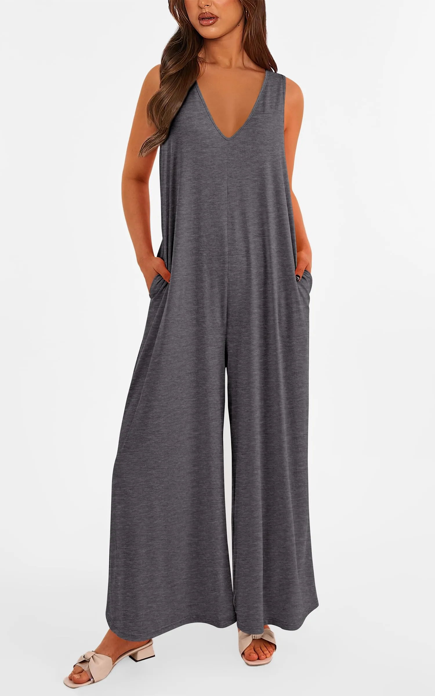 Casual Summer  Sleeveless Tank V Neck Wide Leg Loose One Piece Romper