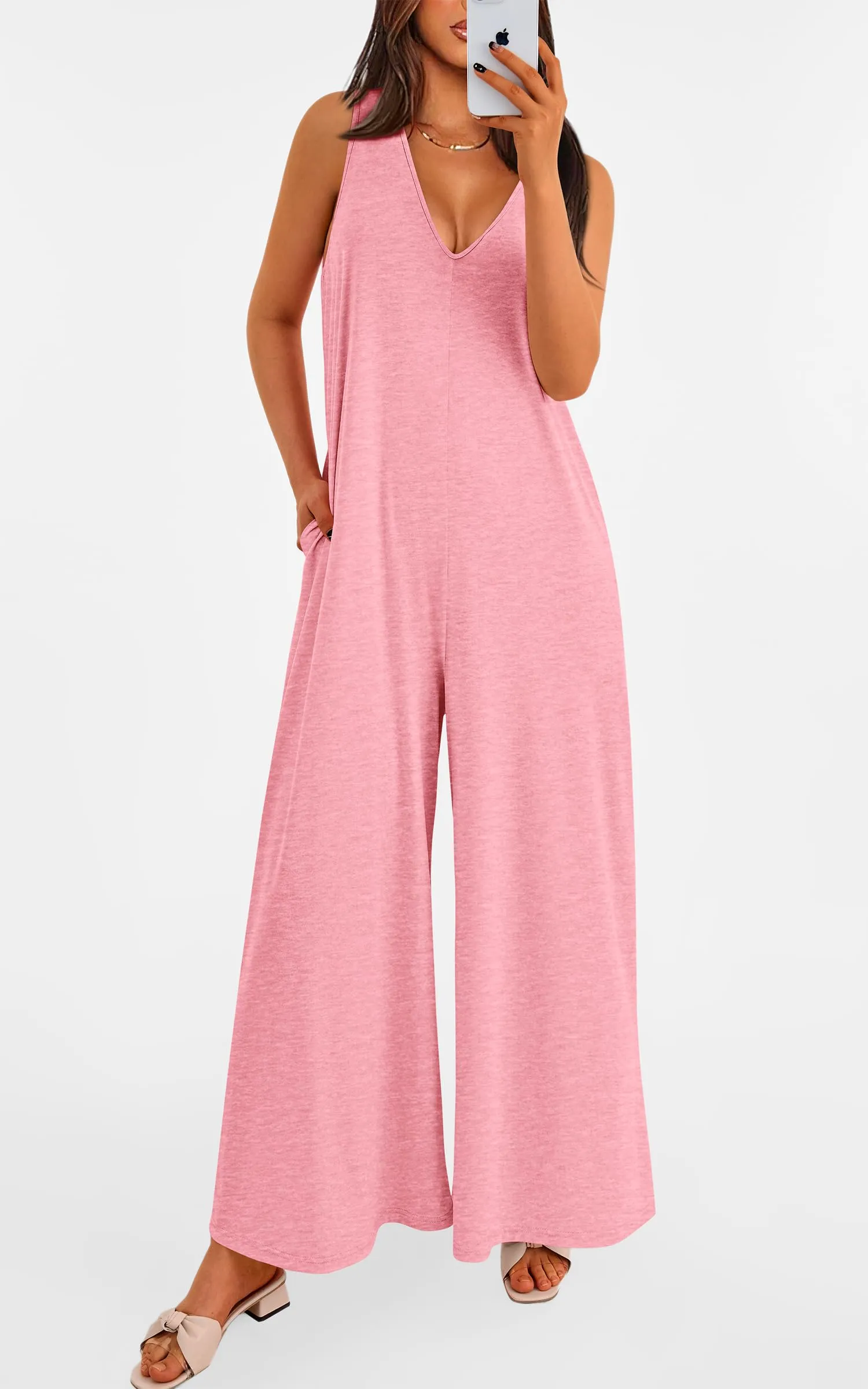 Casual Summer  Sleeveless Tank V Neck Wide Leg Loose One Piece Romper