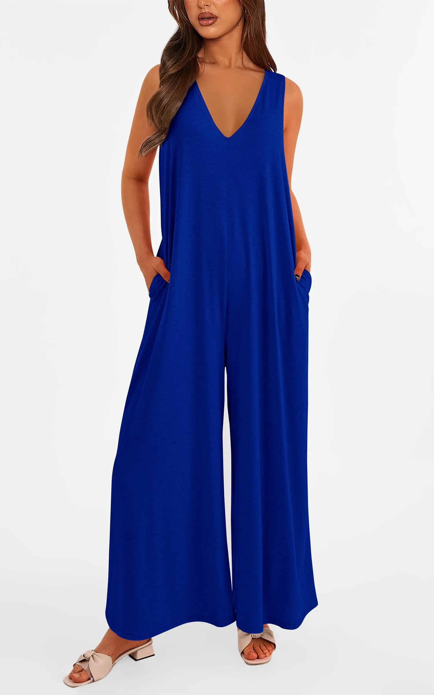 Casual Summer  Sleeveless Tank V Neck Wide Leg Loose One Piece Romper