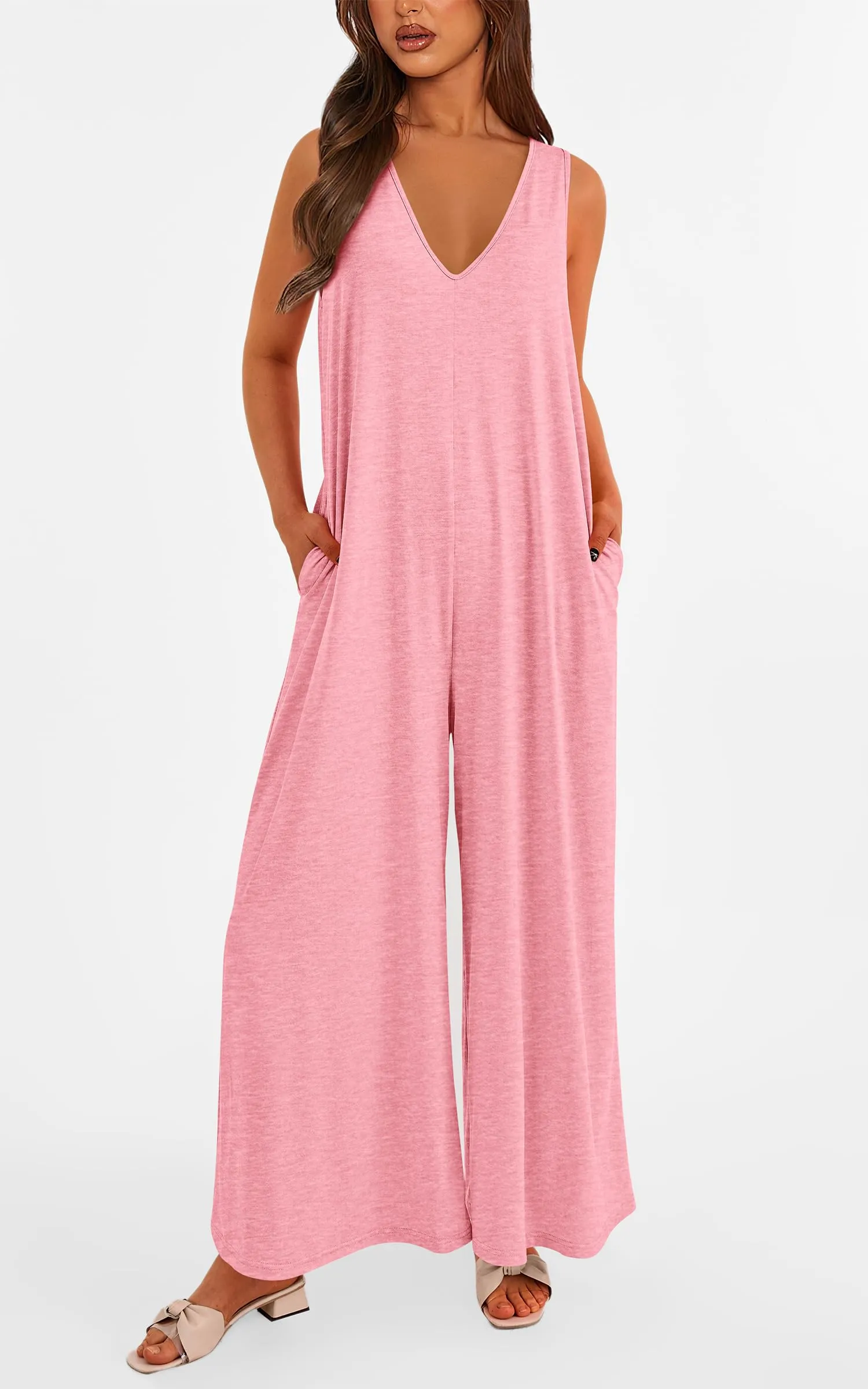 Casual Summer  Sleeveless Tank V Neck Wide Leg Loose One Piece Romper