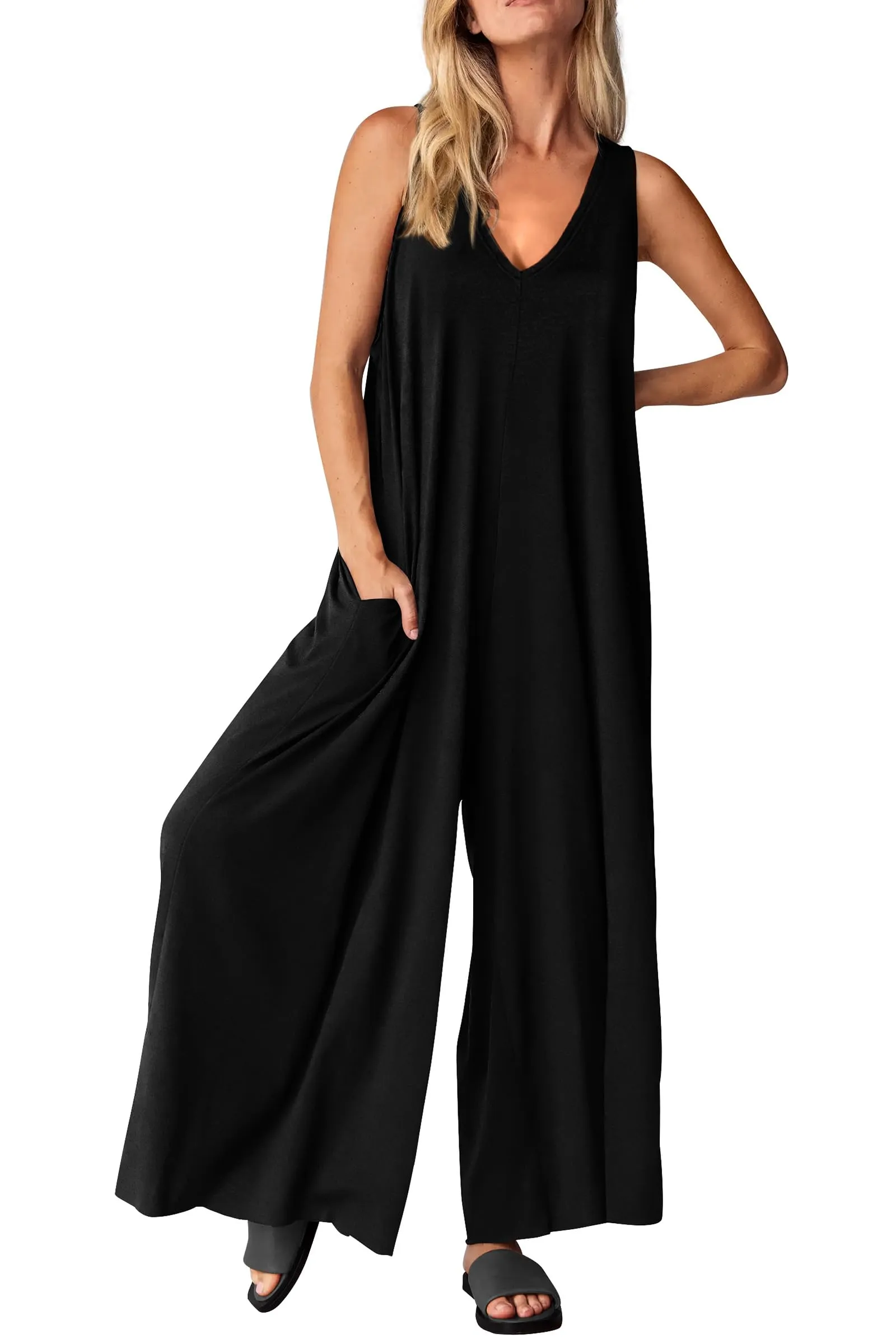 Casual Summer  Sleeveless Tank V Neck Wide Leg Loose One Piece Romper
