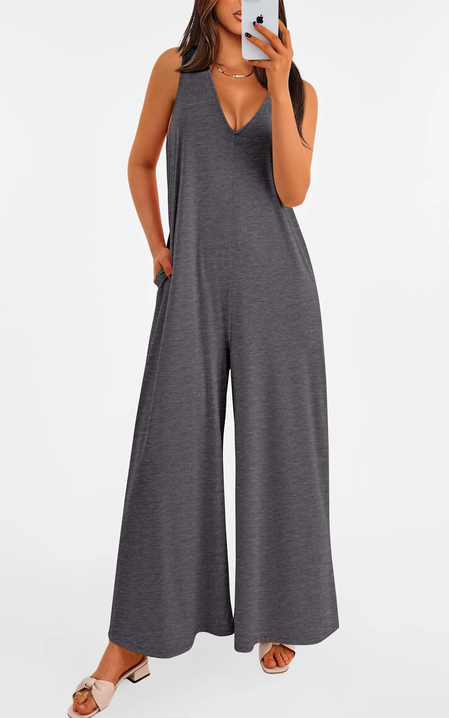 Casual Summer  Sleeveless Tank V Neck Wide Leg Loose One Piece Romper