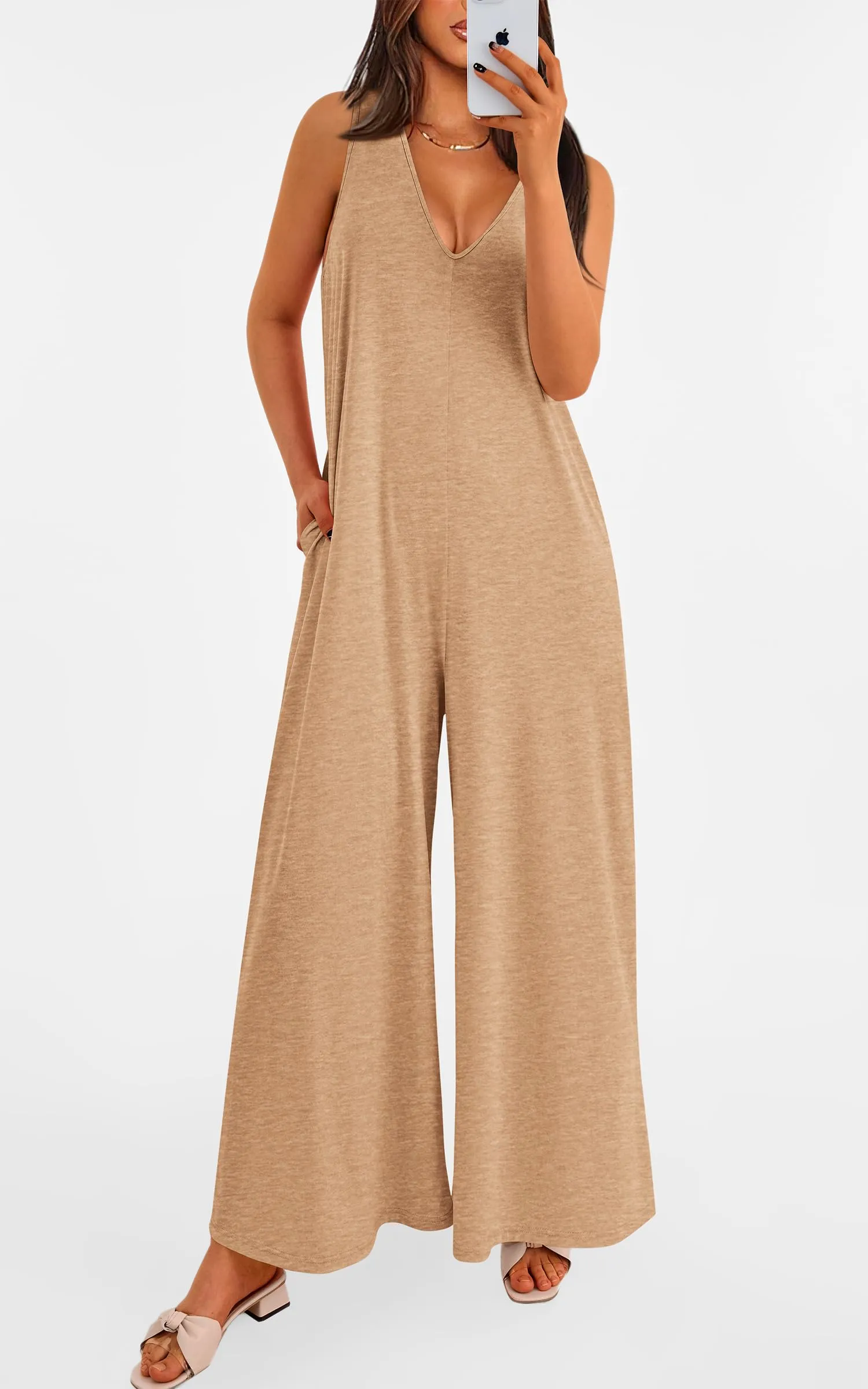 Casual Summer  Sleeveless Tank V Neck Wide Leg Loose One Piece Romper