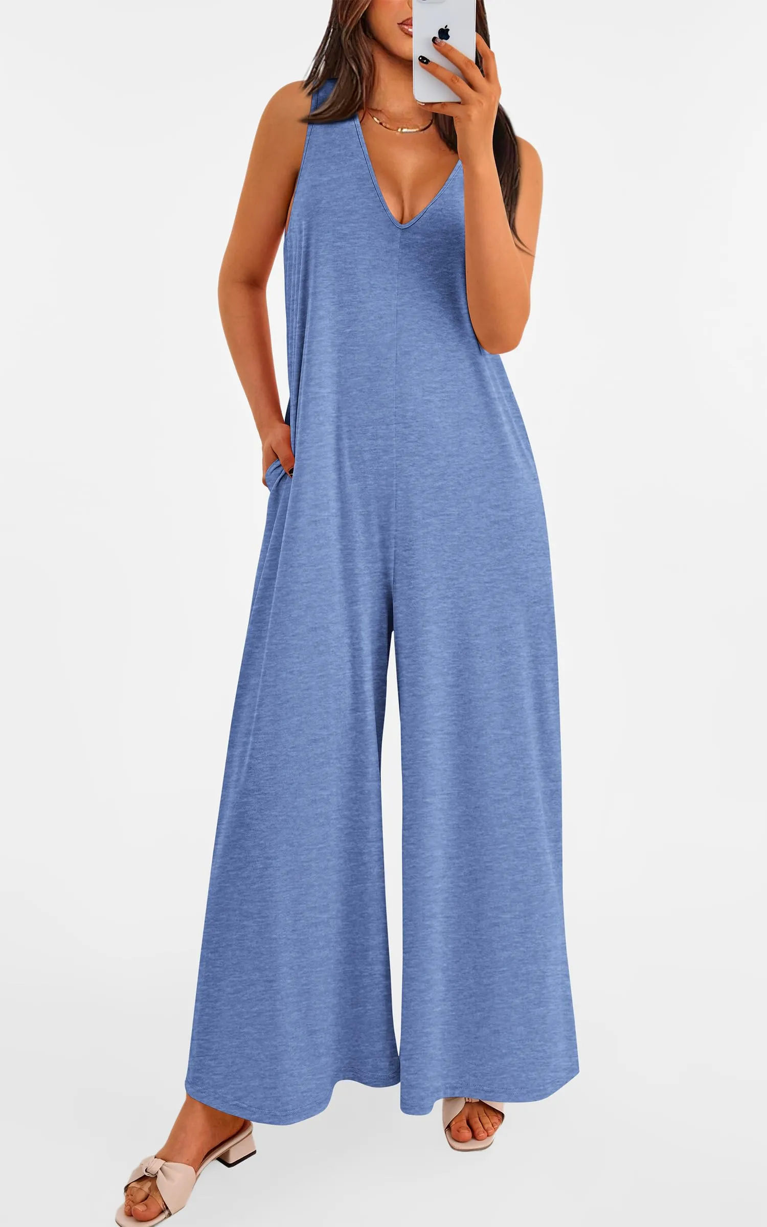 Casual Summer  Sleeveless Tank V Neck Wide Leg Loose One Piece Romper
