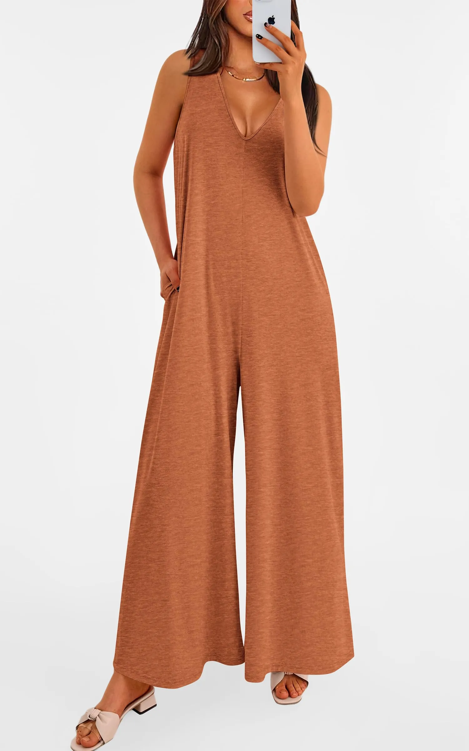 Casual Summer  Sleeveless Tank V Neck Wide Leg Loose One Piece Romper