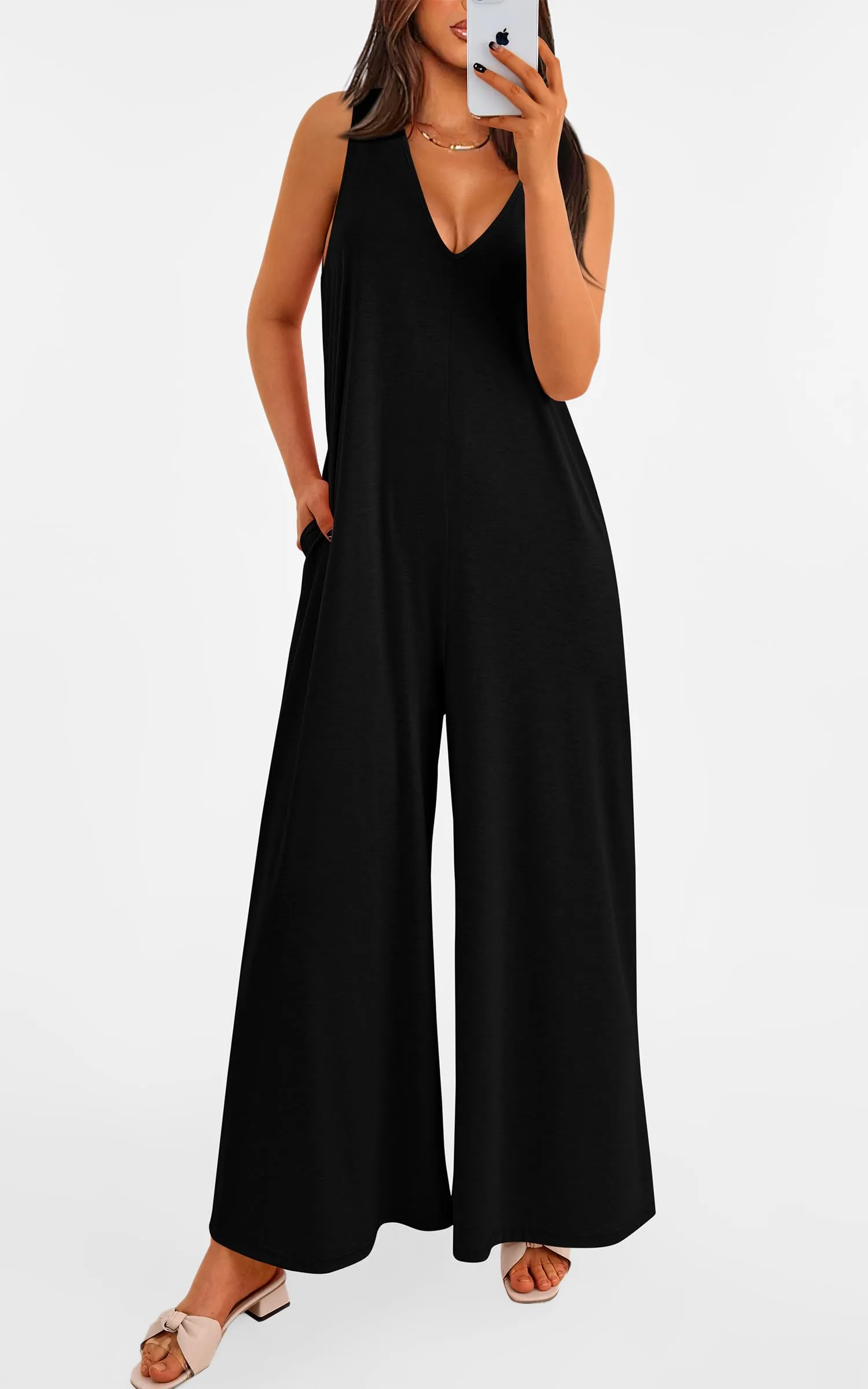 Casual Summer  Sleeveless Tank V Neck Wide Leg Loose One Piece Romper