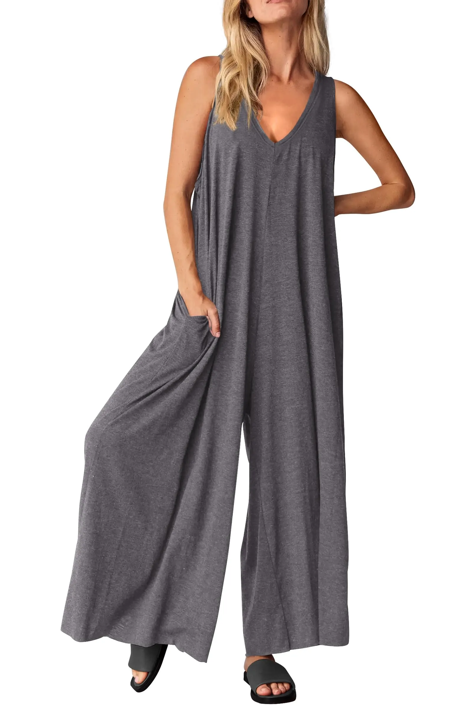 Casual Summer  Sleeveless Tank V Neck Wide Leg Loose One Piece Romper