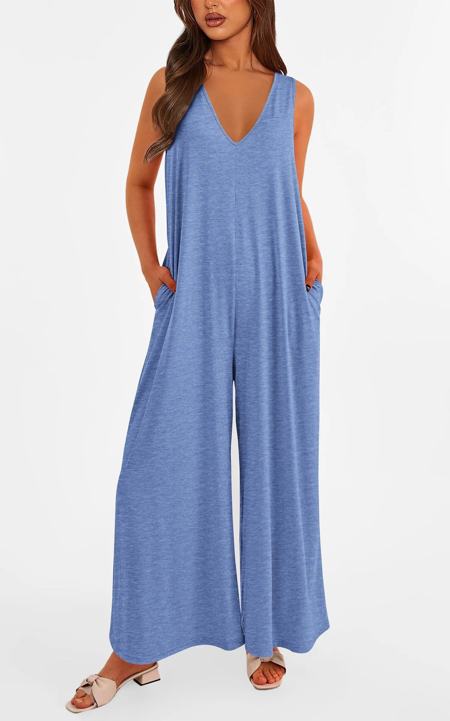 Casual Summer  Sleeveless Tank V Neck Wide Leg Loose One Piece Romper