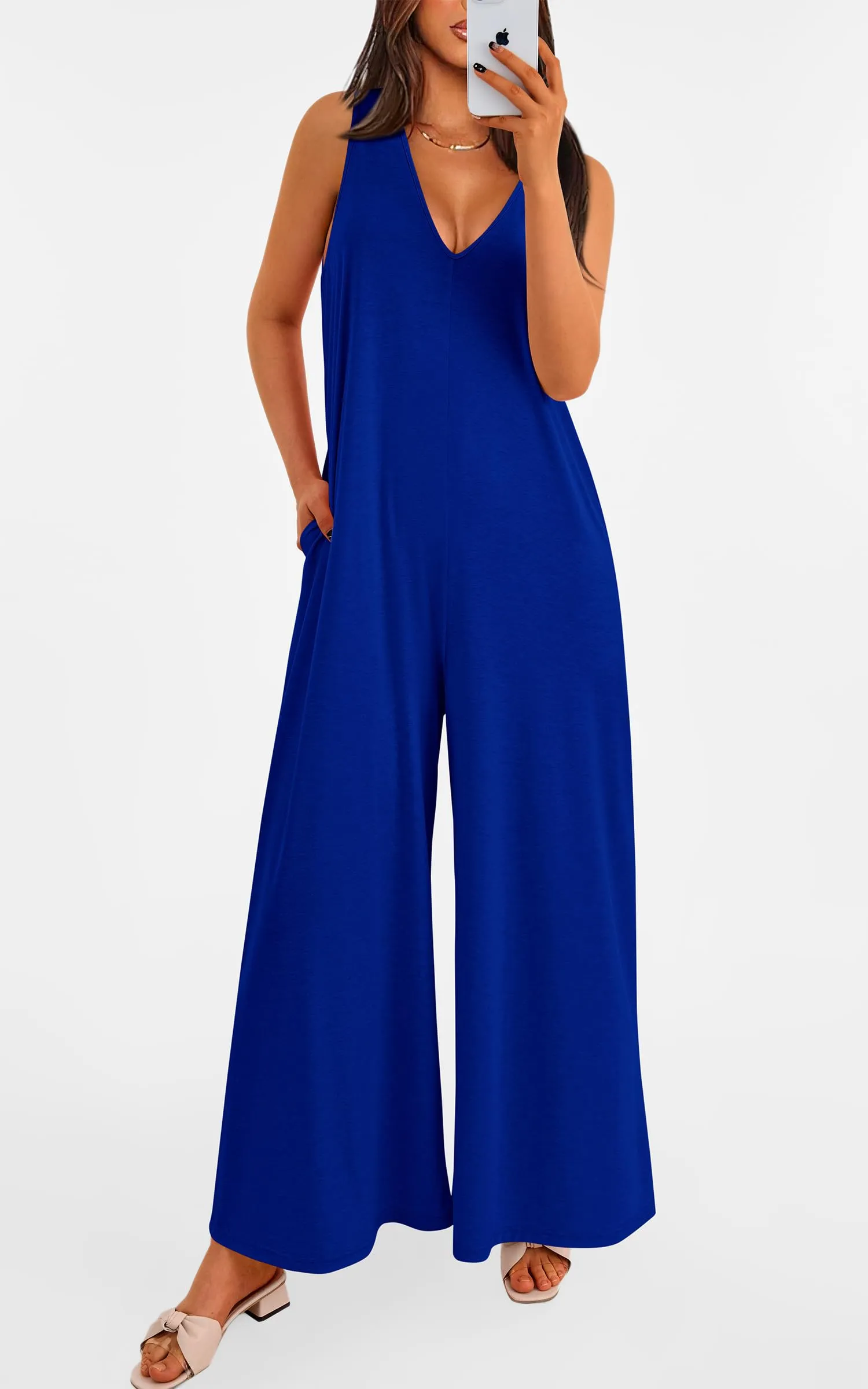 Casual Summer  Sleeveless Tank V Neck Wide Leg Loose One Piece Romper