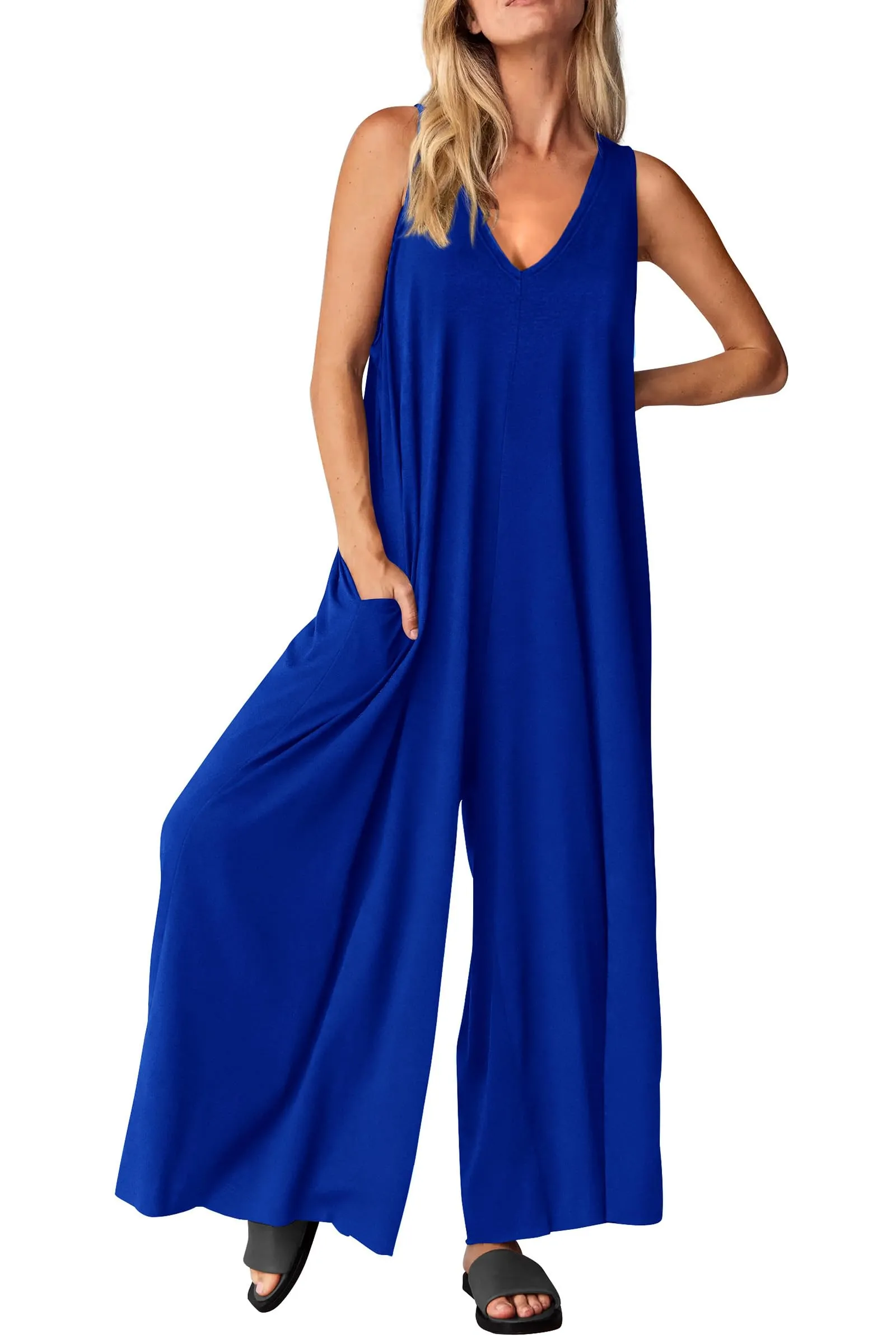 Casual Summer  Sleeveless Tank V Neck Wide Leg Loose One Piece Romper