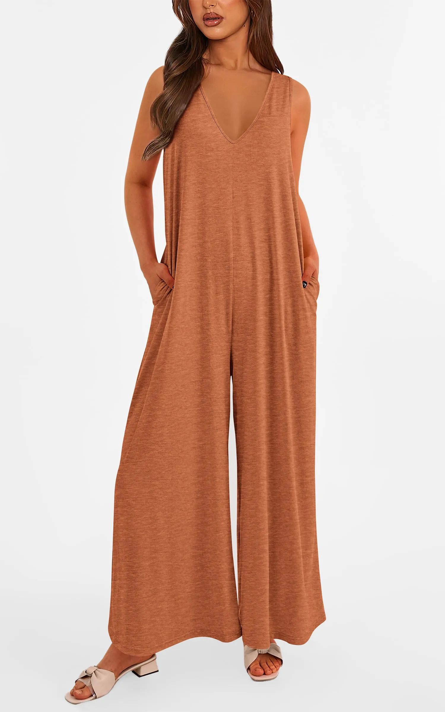 Casual Summer  Sleeveless Tank V Neck Wide Leg Loose One Piece Romper