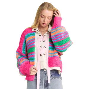 Chunky Knit Multi Striped Open Sweater Cardigan - Neon Multi