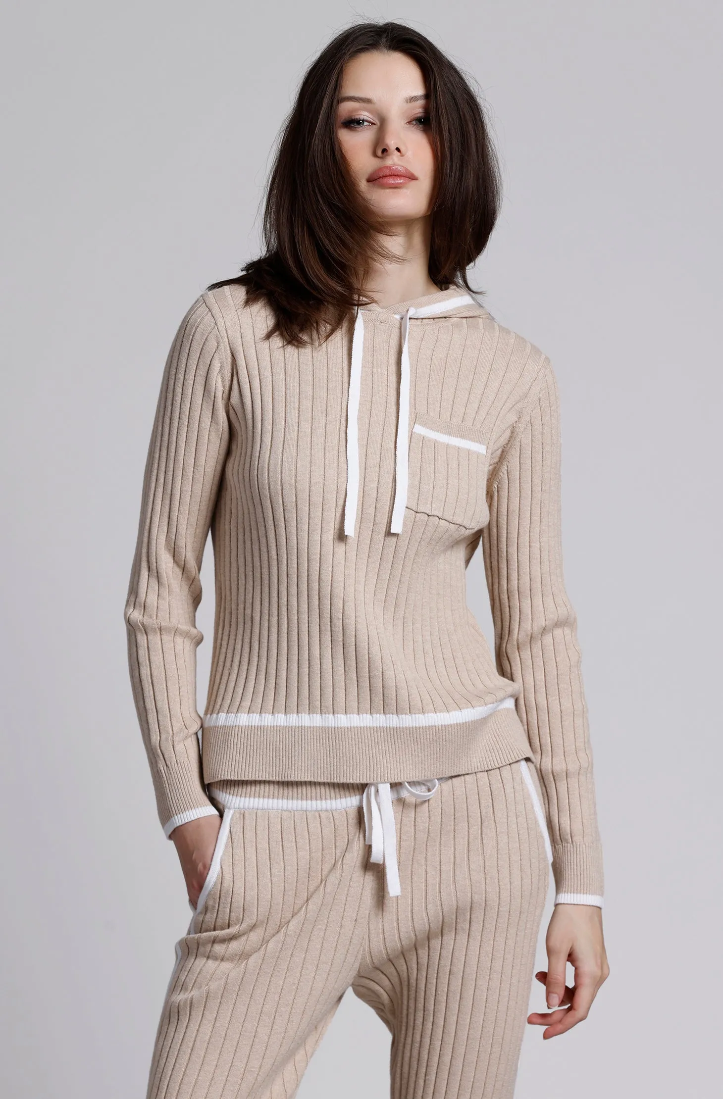 Cotton Cashmere Tipped Hoodie with Chest Pocket