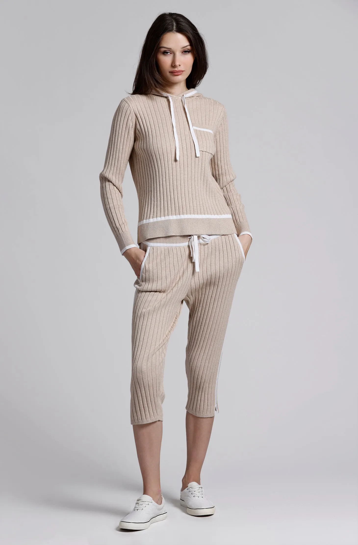 Cotton Cashmere Tipped Hoodie with Chest Pocket