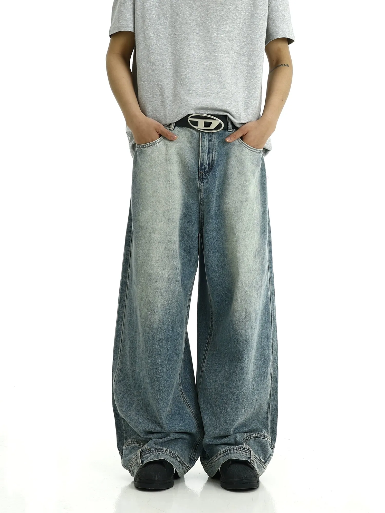 Faded Wide-Leg Upside-Down Effect Bootcut Jeans