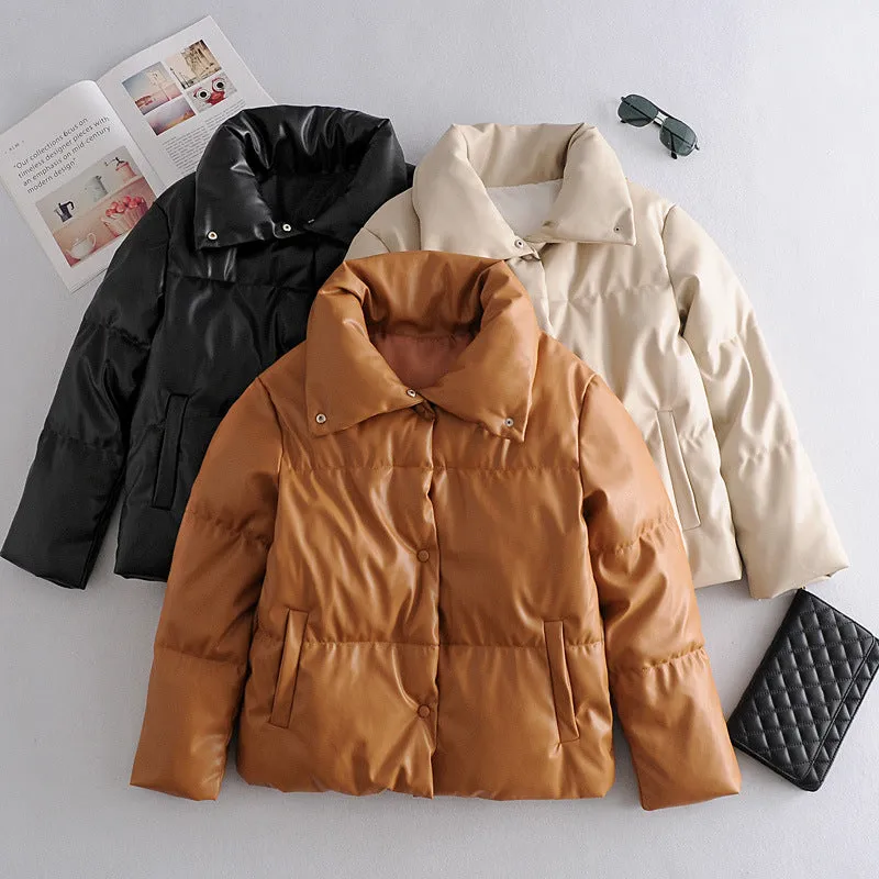 Faux Leather Oversized Puffed Parka Jacket