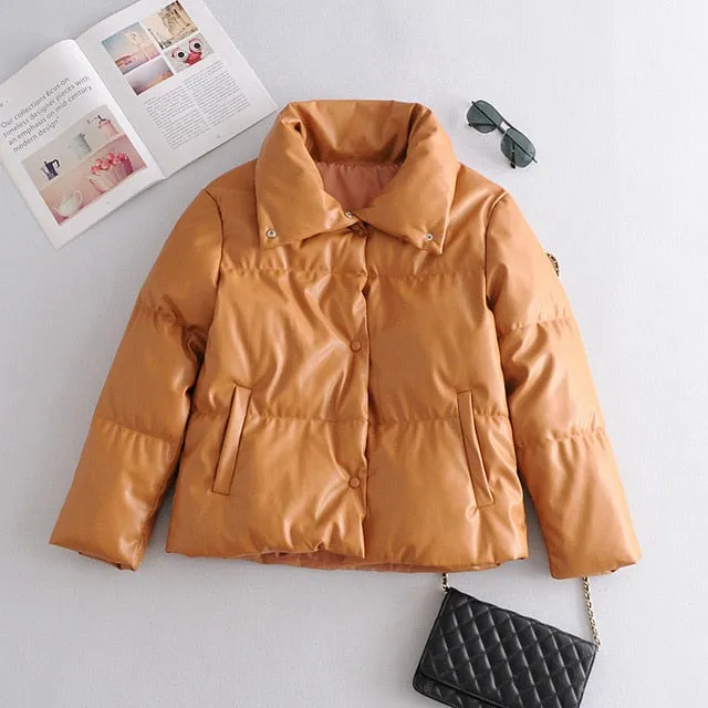 Faux Leather Oversized Puffed Parka Jacket