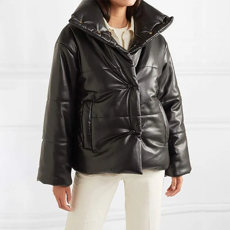 Faux Leather Oversized Puffed Parka Jacket