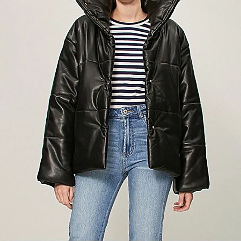 Faux Leather Oversized Puffed Parka Jacket