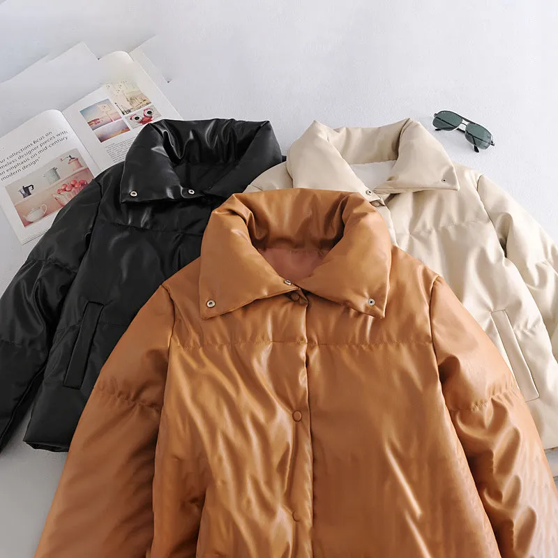 Faux Leather Oversized Puffed Parka Jacket