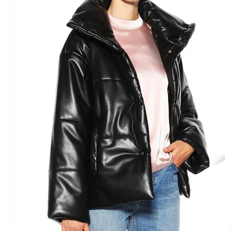 Faux Leather Oversized Puffed Parka Jacket