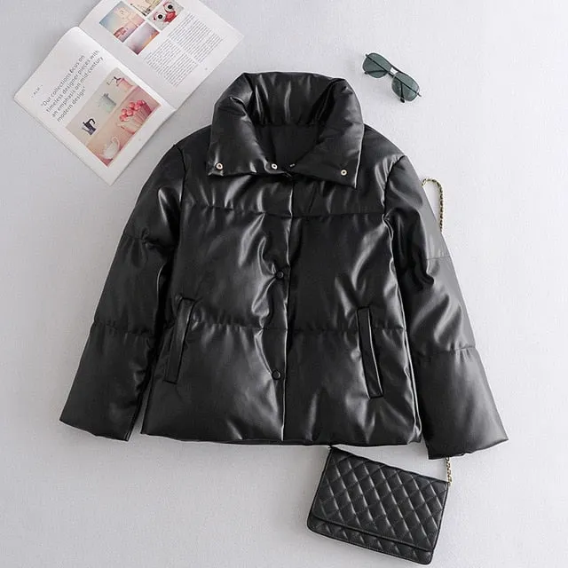 Faux Leather Oversized Puffed Parka Jacket