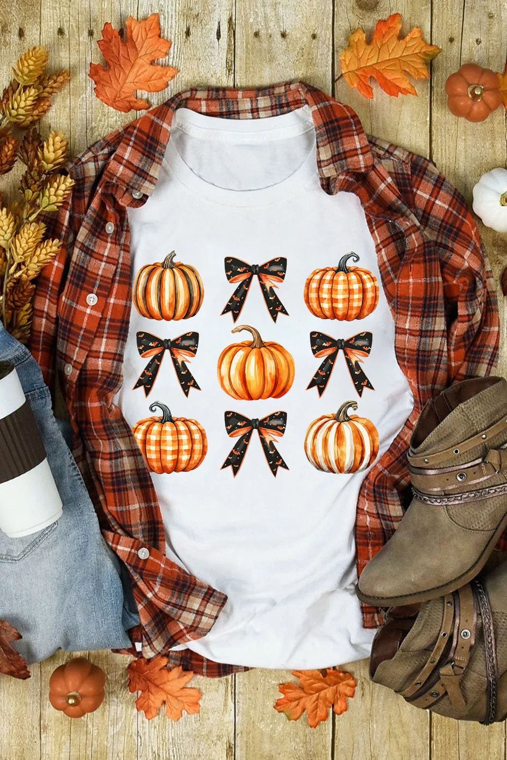 Festive Halloween Pumpkin Bow Knot Crew Neck Tee