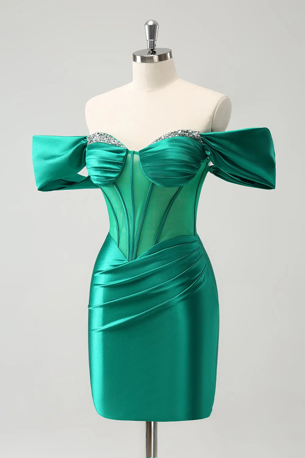 Glitter Green Tight Off the shoulder Corset Homecoming Dress with Beading