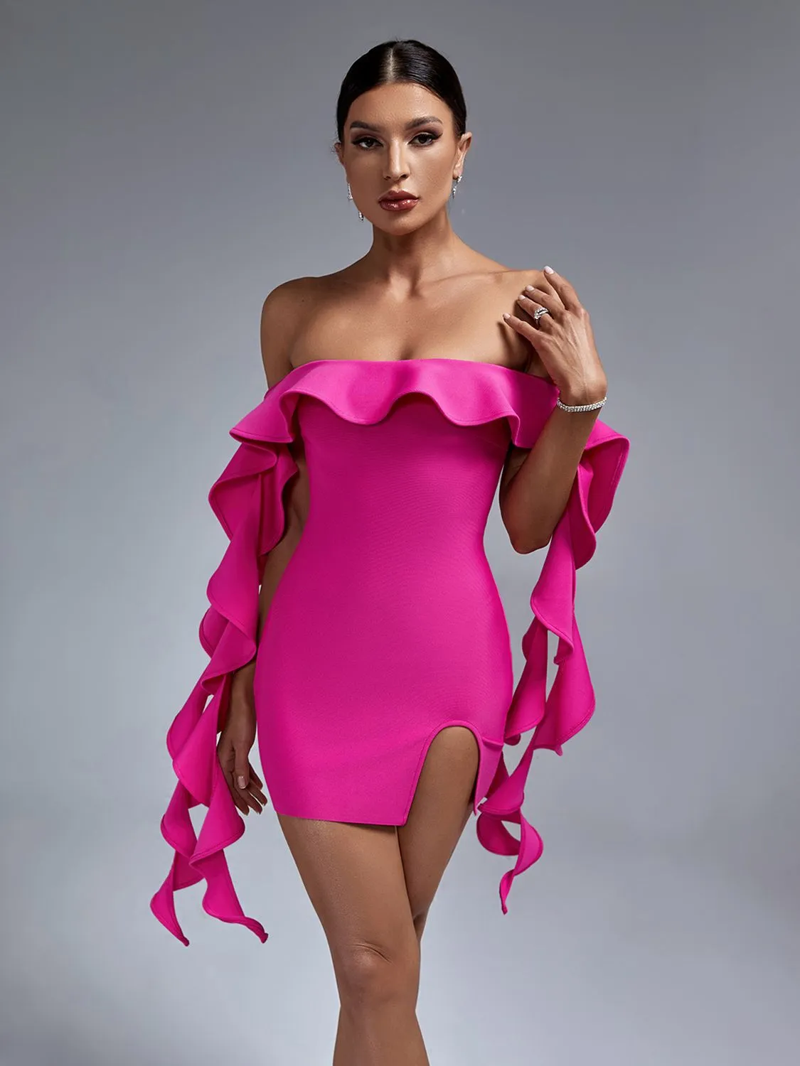 Gorgeous Ruffles Pink Off Shoulder Bodycon Dress